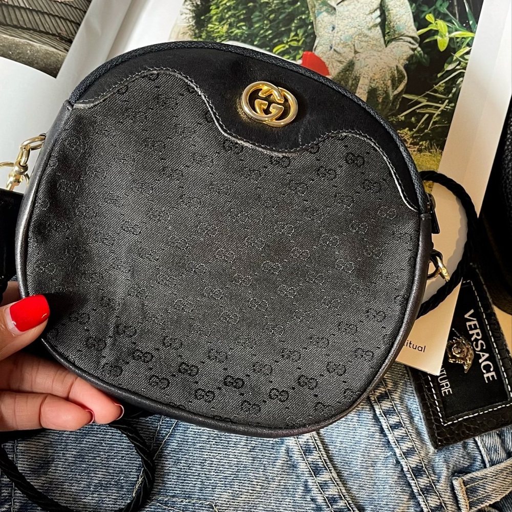 GUCCI Vintage Monogram and Leather Black Canvas Cross Body Bag